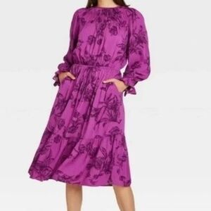 A New Day long sleeve tiered floral midi dress Sz XXL ruched neckline
